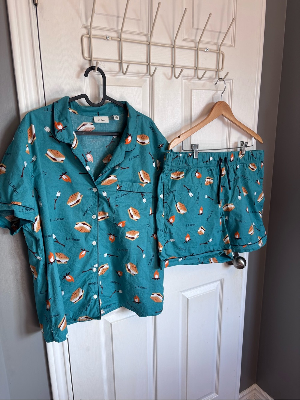 L.L. Bean S'mores Campfire All-Season Pajama Shorts Set XL Teal Cotton Stretch
